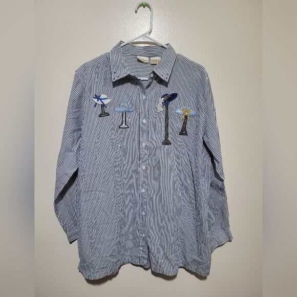Vintage Bobbie Brooks Blue Striped Button-Up Shirt with Fancy Hats - Picture 1 of 4